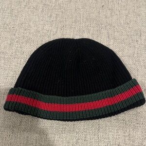 Black Knit Beanie with Green and Red Stripe
